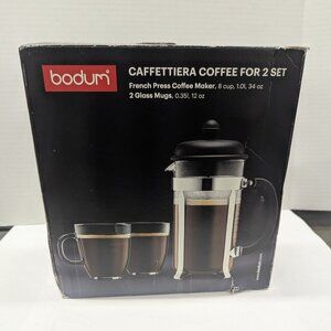 Bodum Caffettiera French Press 34oz with 2 Glass Mugs 12oz – 8 Cup Set